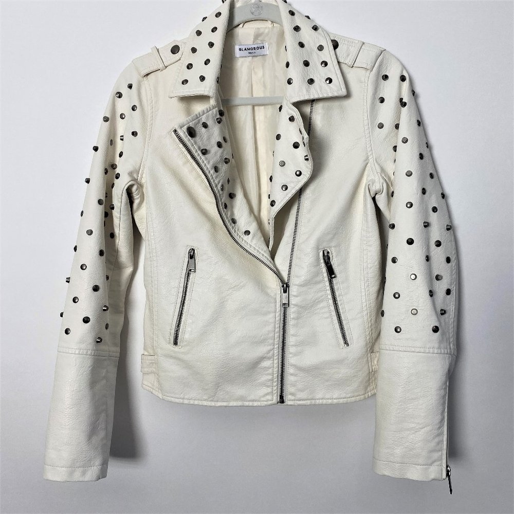 NEW GLAMOROUS WHITE STUDDED FAUX LEATHER MOTORCYCLE JACKET COAT SMALL